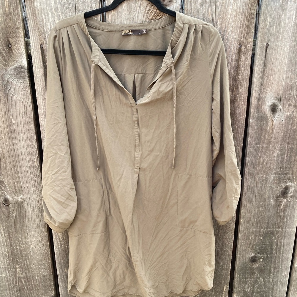 Women's PrAna Green Solid V-Neck String Tunic Dress M Pocket Light Breath Yoga